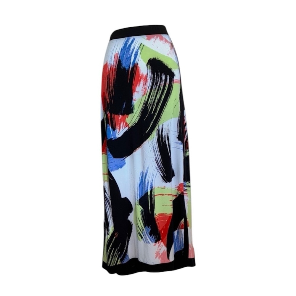 ECI Maxi Skirt, Women's M, Bold Colorful Abstract, pull-on, Stretchy, Slit EUC